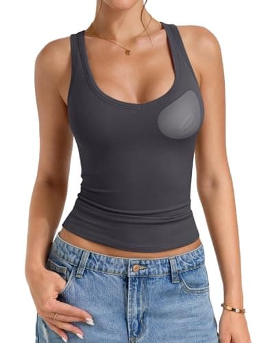 PINKMSTYLE Womens Padded Tank Tops Double Lined Sleeveless Built in Bra Shirts Slimming Basic Summer Clothing 2026 Dark Gray - Image 1