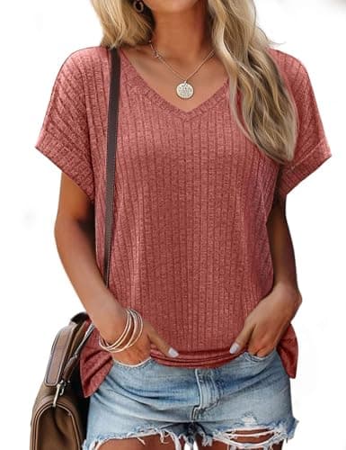 JUSTFASHIONNOW Summer Tops for Women 2026 V Neck Short Sleeve Shirts Trendy Side Split Basic Tees Spring Dressy Casual Easter Outfits Wine Red L - Image 1