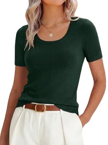 ANRABESS Womens Short Sleeve Sweaters Wool Blend Summer Scoop Neck Casual Business Knit Shirts Slim Fit Work Tops Outfits Drak Green Large - Image 1