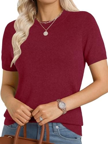 GKBK Short Sleeve Sweaters for Women Wool Blend Crew Neck Knit Pullover Lightweight Business Casual Summer Sweater Top 2026 FAL Fashion Outfits Red - Image 1