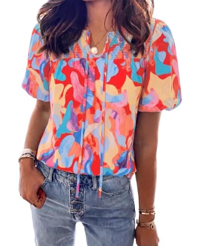 KIRUNDO Boho Tops for Women Summer 2026 Dressy Floral Blouse V Neck Drawstring Short Sleeve Shirts Beach Vacation Clothes(Pink Multicolored, X-Large) - Image 1