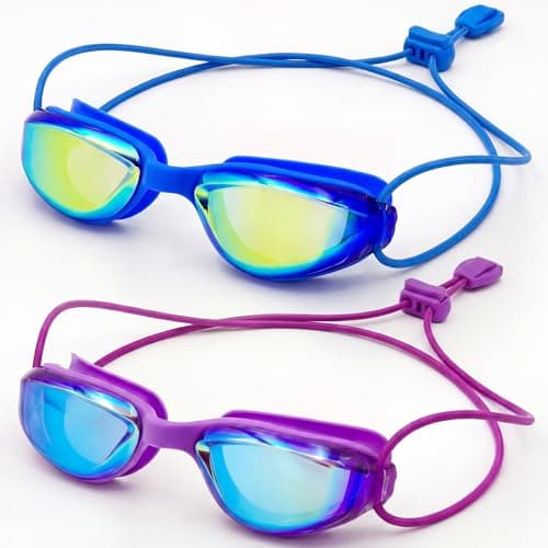 Aegend Swim Goggles for Kids Youth Teen 3-14 Anti-Fog Anti-UV Comfort Fit for Swimming(Bungee Strap) (Purple/Gold & Blue/Gold-2 Pack)