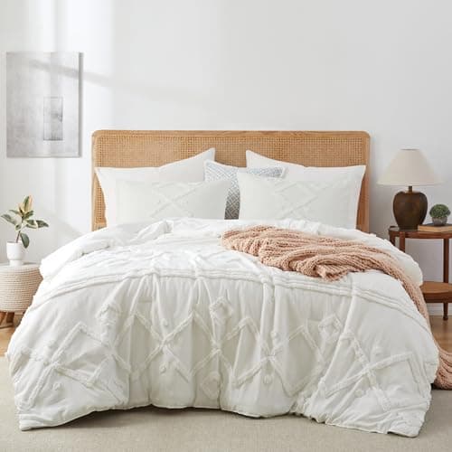 Oli Anderson Queen Comforter Set, White Tufted Boho Bedding Comforter Sets, 3 Pieces All Season Fluffy Comforter with 2 Pillowcases (Cloud White,Queen) - Image 1