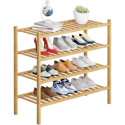 Buymoth 4 Tier Bamboo Shoe Rack Storage Organizer for Closet, Multifunctional Stackable Free Standing Shoe Shelf Organizer for Small Space,Entryway,Hallway,Bathroom 27"x11"x26"(Natural, 4 Tier) - Image 1