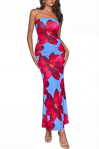 PRETTYGARDEN Womens Spring Dresses 2026 Sexy Strapless Tube Bodycon Mesh Ruched Floral Maxi Dress Wedding Club Outfits(Blue Red Flower,Small) - Image 1