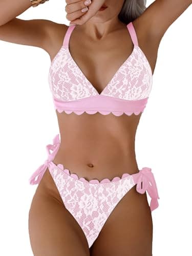 WODECASA Women's V Neck Triangle Bikini Sets Scalloped Trim Lace Two Piece Swimsuit Tie Side High Cut Thong Bathing Suit 2026 - Image 1