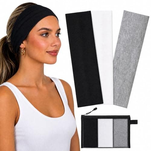 WENNKINN Headbands for Women Non Slip, Soft Cotton Elastic Cloth Hairband for Workout Gym Running Sports, Sweat Wicking Wide Headband, 3 Pack with Bag(Black, White, Gray) - Image 1