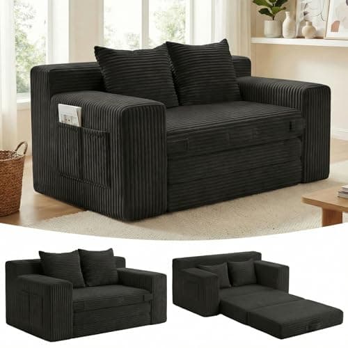 Boneless Loveseat Sleeper Sofa Bed: 3-in-1 Convertible Sofa Bed with Side Pockets & Handle,Pull Out Couch with 2 Pillows,Folding Futon for Small Space,Living Room & Bedroom,Corduroy Fabric,No Assembly