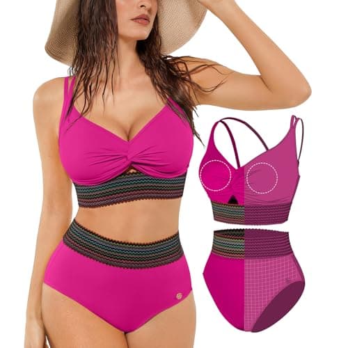 Popilush High Waisted Bikini Sets for Women Tummy Control Swimsuits Two Piece Boho Bathing Suit 4 Way Wear Beach and Pool Plus Size XXXL Color Purple - Image 1