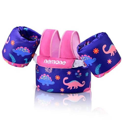 NEMONE Toddler Swim Vest for 22-70 lbs Kids Floaties Swim Jacket with Arm Water Wings for Girls Boys 2 3 4 5 6 13 Years Old Sea Beach Pool (Pink Dinosaur) - Image 1