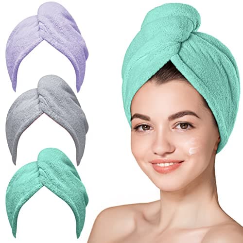 Hicober Microfiber Hair Towel, Hair Turbans for Wet Hair, Drying Hair Wrap Towels for Curly Hair Women Anti Frizz, 3 Packs (Green,Purple,Grey)