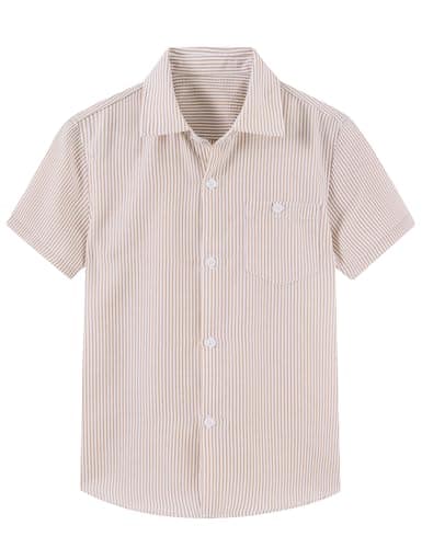 Cozople Boys Casual Button Down Shirts Vintage Khaki Stripe Short Sleeve Shirts Size 10 Novelty Anti-Wrinkle Tops for Kids Summer Happy - Image 1