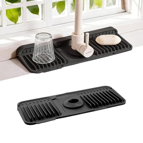 ZJWZLG Faucet Mat for Kitchen Sink, 14"X5.5" Silicone Sink Splash Guard with Soap Holder, Snap-On Design & 7°slope Fast Drain, Folding Sink Faucet Mat for Universal Kitchen Bathroom Sink(Black) - Image 1