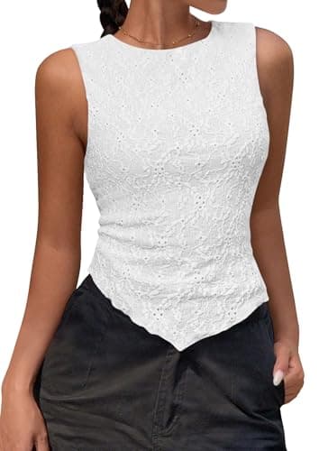 NALANISA Womens Crochet Tank Tops Summer Casual Slim Fitted Textured Sleeveless Going Out Y2K Asymmetrical Shirts Blouses Spring Outfits(White,XXL) - Image 1