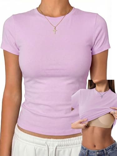 Danysu Short Sleeve Tops for Women with Built in Bra Cotton Jersey Crop Shirts Slim Fit Basic Gym Workout Tee Light Violet Small - Image 1