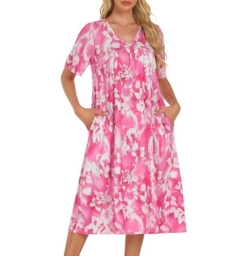 ETOSELL Women's House Dress Short Sleeve Moo Moo Muumuu Nightgown with Pockets Pleated Plus Size Grandma Loungewear for Women Cotton Feel Soft Loose Fit S-3XL Pink - Image 1