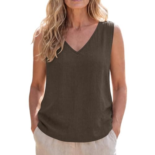 SVALIY Viscose Linen Tops for Women Tank Top Summer Loose V Neck Sleeveless Shirts 2026 Vacation Beach Outfits Trendy Brown - Image 1