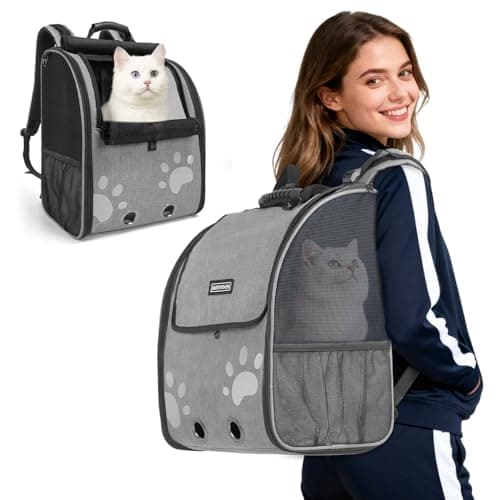 Cat Backpack Carrier with Comfort Handle, Ventilated Cat Backpack with Reflective Strips, with Chest and Shoulder Buckles, Foldable Cat Carrying Backpack for Kitty Small Dog up to 15lbs(Grey).