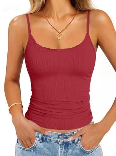 GKBK Women's Sexy Lace Cami Tops Scoop Neck Adjustable Spaghetti Straps Tank Top Ribbed Sleeveless Summer Y2k Going Out Party Club Camisole Wine Red XL - Image 1