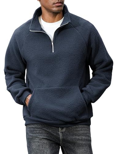 ZAFUL Men's Fluffy Polar Fleece Sweatshirt Embroidery Half Zip Unisex Hoodie Navy S - Image 1