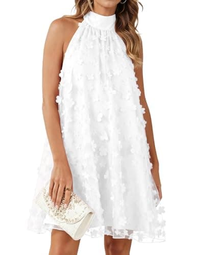 Gleeneat White Dress Women Summer Halter Short Bridal Shower Cocktail Rehearsal Dinner Engagement Tulle Floral Wedding Guest Dresses for Bride 2026 A Line Homecoming Formal Dress Flowy Dress Outfit - Image 1