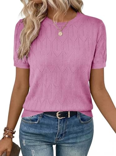 LaGracia Sweater for Women Short Sleeve Crew Neck Lightweight Sweaters Casual Summer Spring Tops 2026 Hot Pink 2XL - Image 1