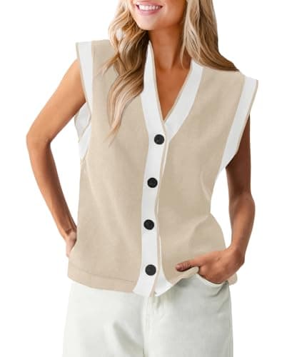 Saodimallsu Womens V Neck Sweater Vest Button Down Cap Sleeve Summer Trendy Color Block Loose Knit Tank Tops Beige - Image 1