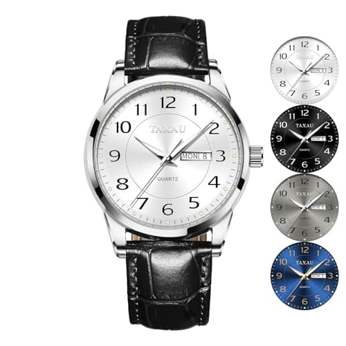 Taxau Classic Men Watch Quartz Big Dial Waterproof Watches for Men White Face Dress Men's Wrist Watches Large Numerals Leather Band Watch for Men with Date Day Easy to Read Relojes para Hombres - Image 1