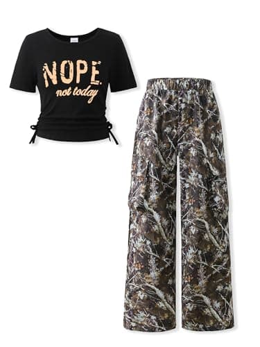 AMAWMW Girls Clothes Summer Outfits Short Sleeve Letter Print Ruched Tops and Cargo Pants Set Teen Clothing Atrous 15-16Y - Image 1