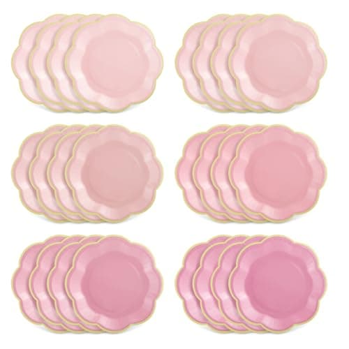 NatNarr 60 Pcs Pink Paper Plates, 7 Inch Gradient Pink Dessert Plates with Gold Edge Scalloped Mothers Day Plate Disposable Pink Plate for Wedding Girl Baby Shower Birthday Bridal Party Supplies - Image 1