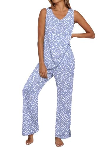 PrinStory Womens Pajama Sets Soft Knit Pjs 2 Piece Sleeveless Pajama Set Summer Lightweight Pj with Pockets Spot Blue-2XL - Image 1