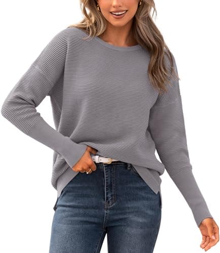 BTFBM Casual Women 2026 Fall Sweater Long Sleeve Ribbed Knit Pullover Loose Crewneck Batwing Split Sweater(Grey,Medium) - Image 1