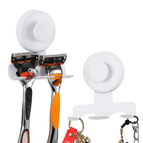 warlve No-Drill Suction Cup Razor and Shaver Holder, Stainless Steel Shower Hook for Towel & Loofah, Damage-Free Reusable Bathroom Wall Organizer(2 Pack White) - Image 1