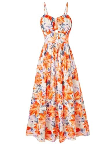 GRACE KARIN 2026 Women's Spaghetti Vacation Sundress Summer Beach Flowy Boho Floral Maxi Dresses with Pockets Orange Yellow Floral S - Image 1