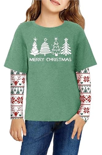 Christmas Shirts for Kids Girls Boys Christmas Tree Graphic Tee Xmas Long Sleeve Stripe Plaid Tops - Image 1