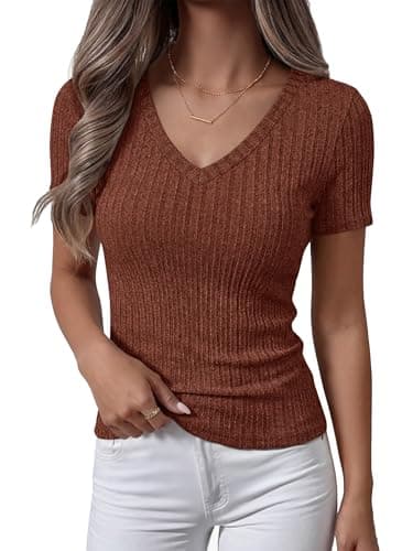 ANRABESS Womens Tops Short Sleeve V Neck Shirts Slim Fit Ribbed Knit Shirt 2026 Summer Dressy Casual Lightweight Sweaters Rust X-Small - Image 1