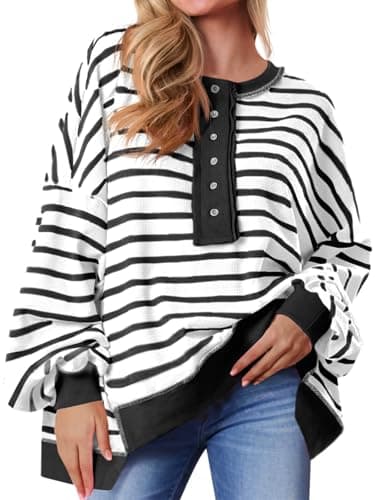 Tankaneo Womens Oversized Striped Sweatshirts Henley Shirts Color Block Casual Pullover Waffle Knit Tops Black White - Image 1