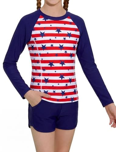 Alakuoti Girls Rash Guard Swimsuit Two Piece Bathing Suit UPF 50+ Sun Protection Long Sleeve Swimwear Size 7 Red Blue