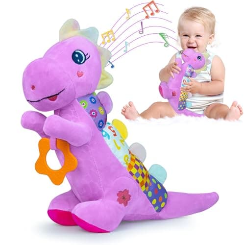 Baby Dino Musical Stuffed Animal Toys for 0-3-6-9-12 Months,Infant Dinosaur Tummy Time Toys with Crinkle Sound Paper,Teether,Textures & Rattles for Newborn Boys Girls Birthday Gifts,Purple - Image 1