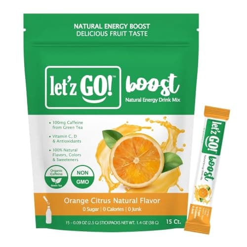 Let'z Go Clean Energy Drink Mix – Natural Caffeine Packets, Vitamins C + D, Electrolytes, Sugar-Free, Zero Calories | Anytime Energy | 15 Count (Orange Citrus) - Image 1