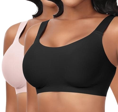 Ganado Seamless Wireless Bras for Women Full Coverage No Underwire Supportive Bras Padded T Shirt Bra Comfort Bralette (Black+Pink, Large) - Image 1