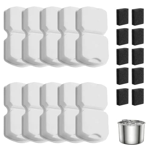 20 Pack Cat Water Fountain Filters Replacement - 10 Carbon Filters and 10 Foam Sponge Filters for Select Stainless Steel Cat Fountains S11 - Image 1