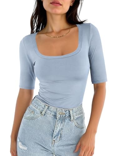 ANRABESS Womens Half Sleeve Tops Square Neck Slim Fit T-Shirt Summer 2026 Fashion Casual Basic Tee Shirts Spring Work Outfits Light Blue XX-Large - Image 1