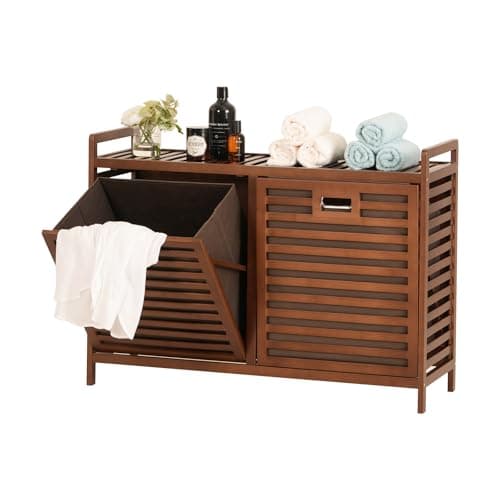 Baveke Bamboo Tilt Out Laundry Hamper with Shelves, Hidden Laundry Hampers with 2 Removable Bags, Pull Out Laundry Hamper Cabinet, Bathroom Storage Shelf for Laundry Room, FSC-Certified, Brown - Image 1