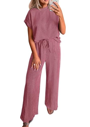 KIRUNDO 2 Piece Sets for Women Dressy Casual Ribbed Knit Short Sleeve Tops Wide Leg Pants Lounge Set Travel Airport Outfits(Purple Red, X-Large) - Image 1