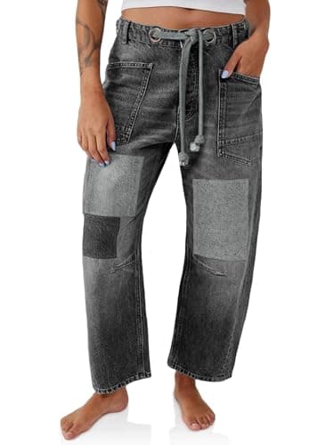 PLNOTME Womens Baggy Barrel Horseshoe Jeans Wide Leg Patchwork Low Rise Denim Pants with Pockets Grey - Image 1
