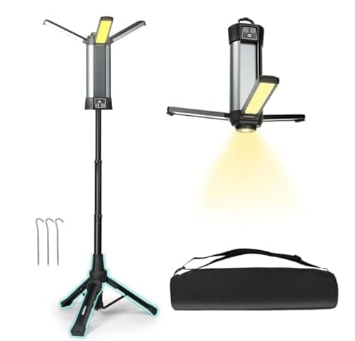 MLOGIROA Rechargeable LED Work Light with Tripod and 3 LED Panels, Foldable Cordless Camping Light with 2000 Lumens, 44.6 Inch Height for Garage, Fishing, Outdoor - Image 1