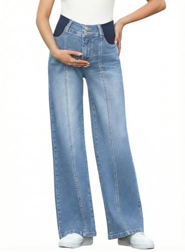 BLENCOT Women's Wide Leg Maternity Jeans Seamed Front High Waisted Stretchy Straight Leg Loose Pregnancy Denim Pants Spring Clothes Iceland Blue Small - Image 1