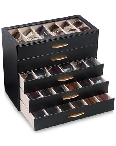 Lolalet 30 Slots Sunglasses Organizer Case for Women, 5-Layer Eyeglass Storage Holder Display Box with Clear Top Lid, Mothers Day Gifts -Black - Image 1