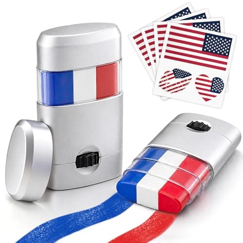 2PCS Red White and Blue Face Body Paint Sticks with American Flag Tattoos, Patriotic 4th of July Accessories for Kids & Adults, Hypoallergenic, Easy Wash Eye-Black for Independence Day & Sports Events - Image 1